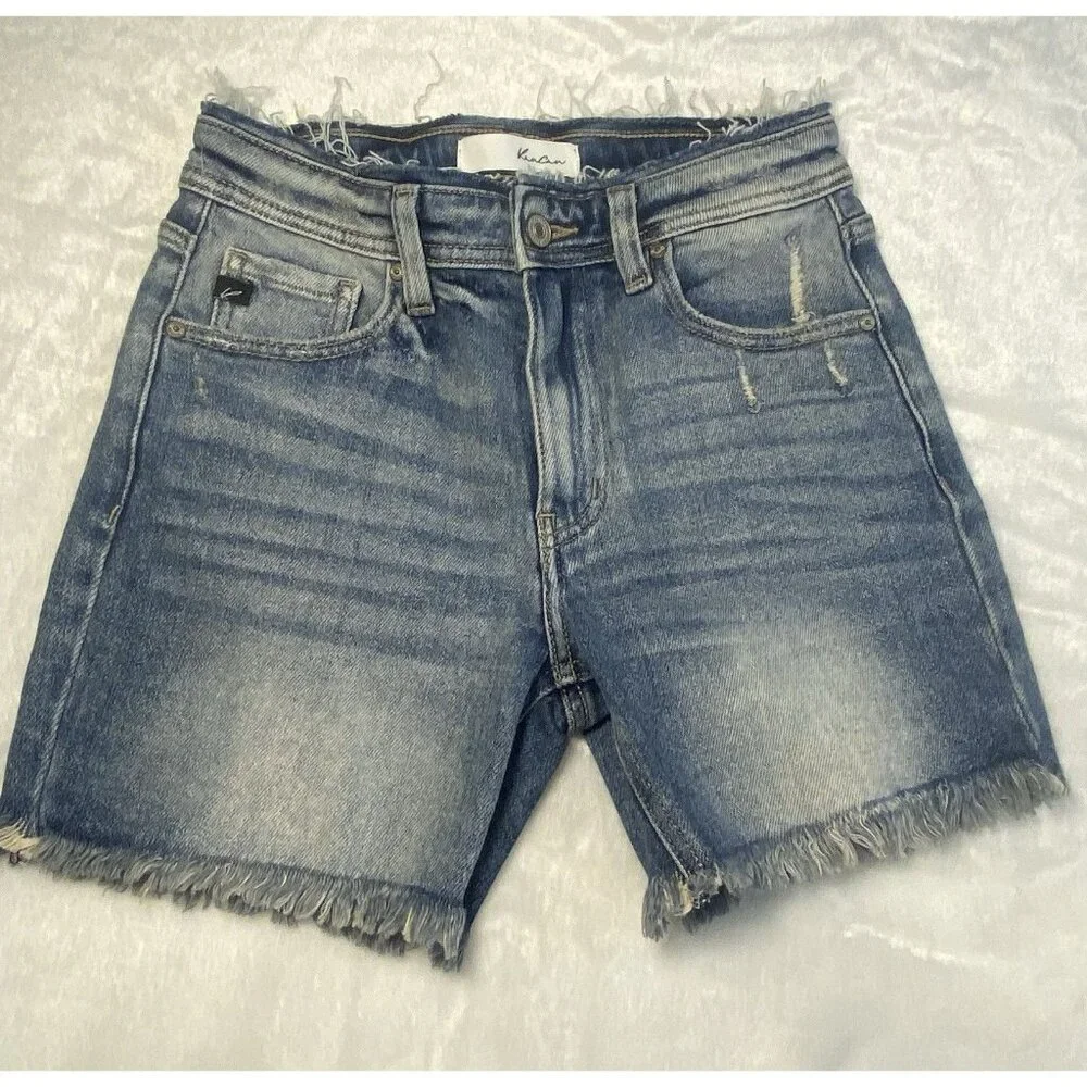 KanCan Jean Shorts Sz S Stretch Frayed Hem 5 In Inseam Medium Wash - Picture 1 of 9